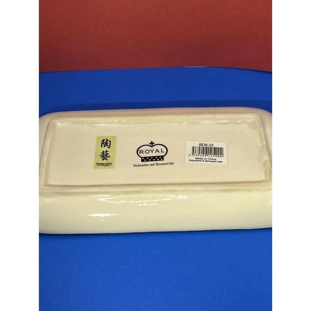 Royal Ceramic Butter Dish Blue & Cream Red Dots are Raised